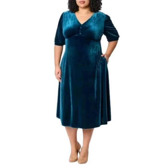 Briggs New York Dresses & Skirts - Briggs New York Women's XL Holiday Velvet Midi Dress Vneck Stretch Teal Blue